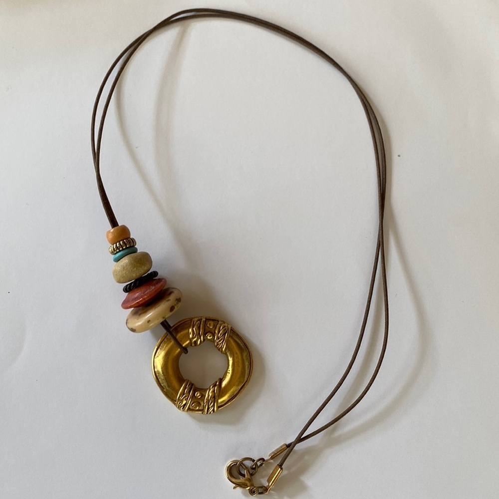 Blue and brown‎ bead and open gold circle pendant long leather necklace